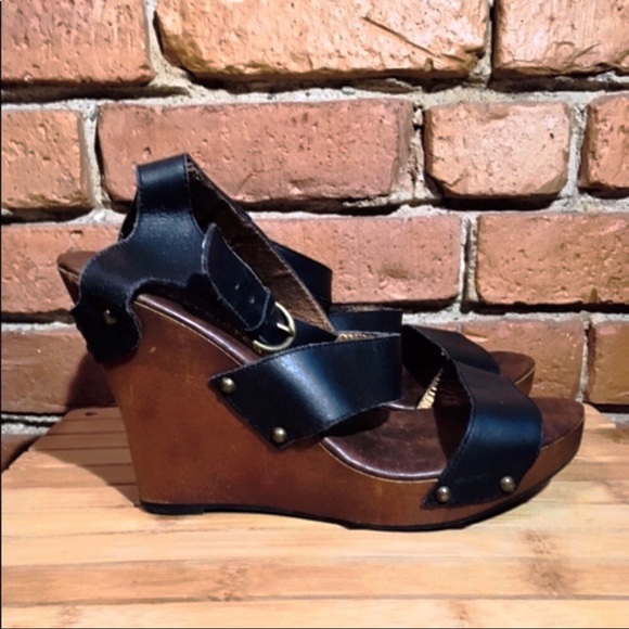 Restricted Shoes - Restricted genuine leather strappy wood wedges 7.5